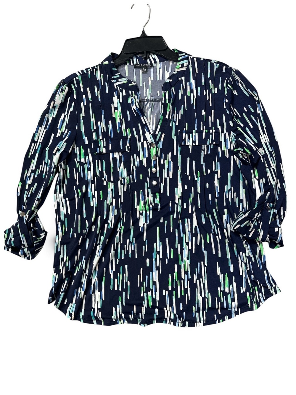Ava & Grace Navy Abstract Stripe Split-Neck Blouse with White & Green Accents
